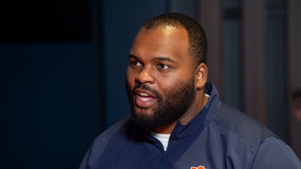 Auburn defensive line coach Jeremy Garrett is interviewed at the Woltosz Football Performance Center in Auburn, Ala., on Thursday, Feb. 1, 2023.
